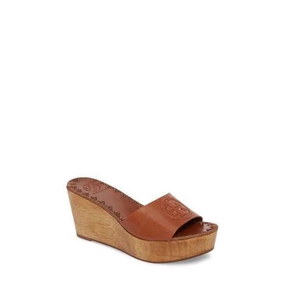 Tory Burch Women's 6 Patty Leather Platform Wedge Slide Sandals In Perfect Cuoro - Picture 1 of 9